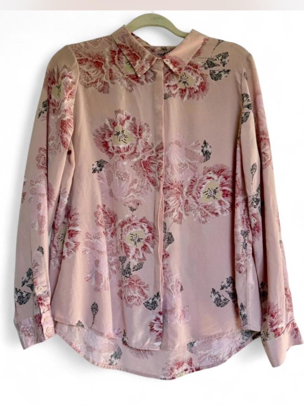 Pure Collection 100% Silk Floral Blouse Pink Button Front Size 12